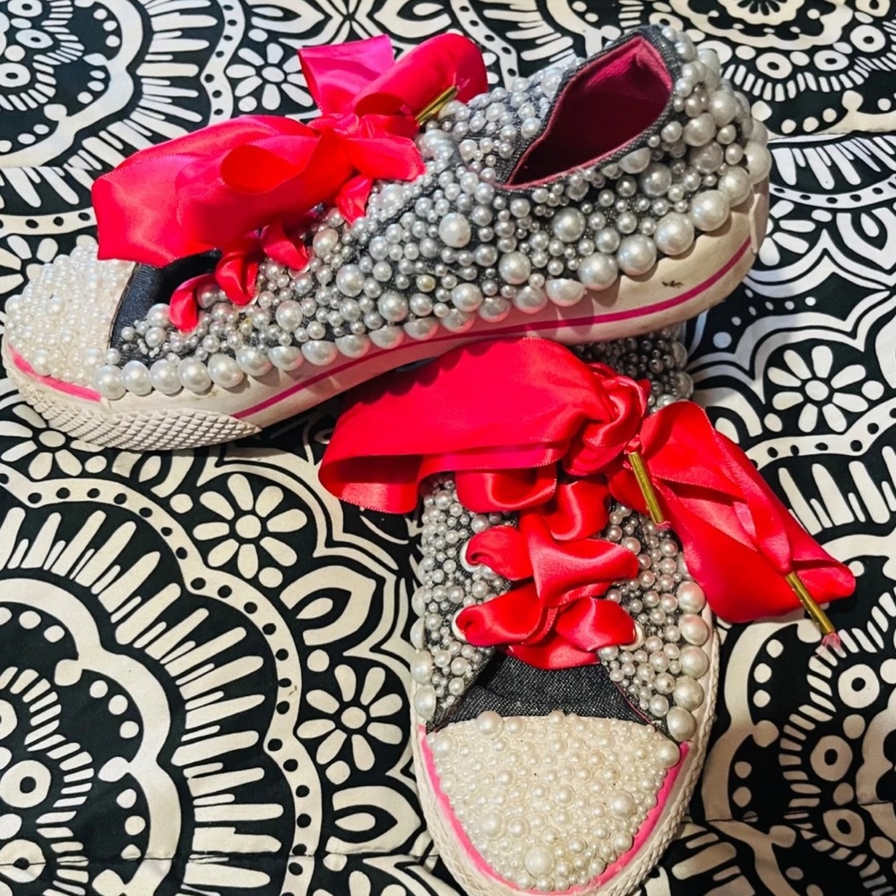 Pearl Embellished Sneakers with Red Ribbon